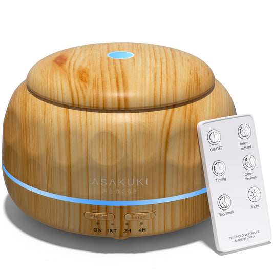 Difusor de Aceites Esenciales ASAKUKI 300ML Humidificador de Aromaterapia con Luz de 7 Colores Difusor Pequeño para el Hogar y Perfecto para la Relajación - Madera Clara